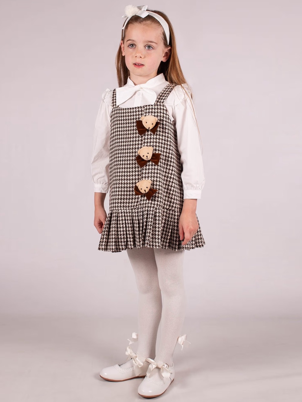 Beau Kid girls brown and ivory houndstooth dress set